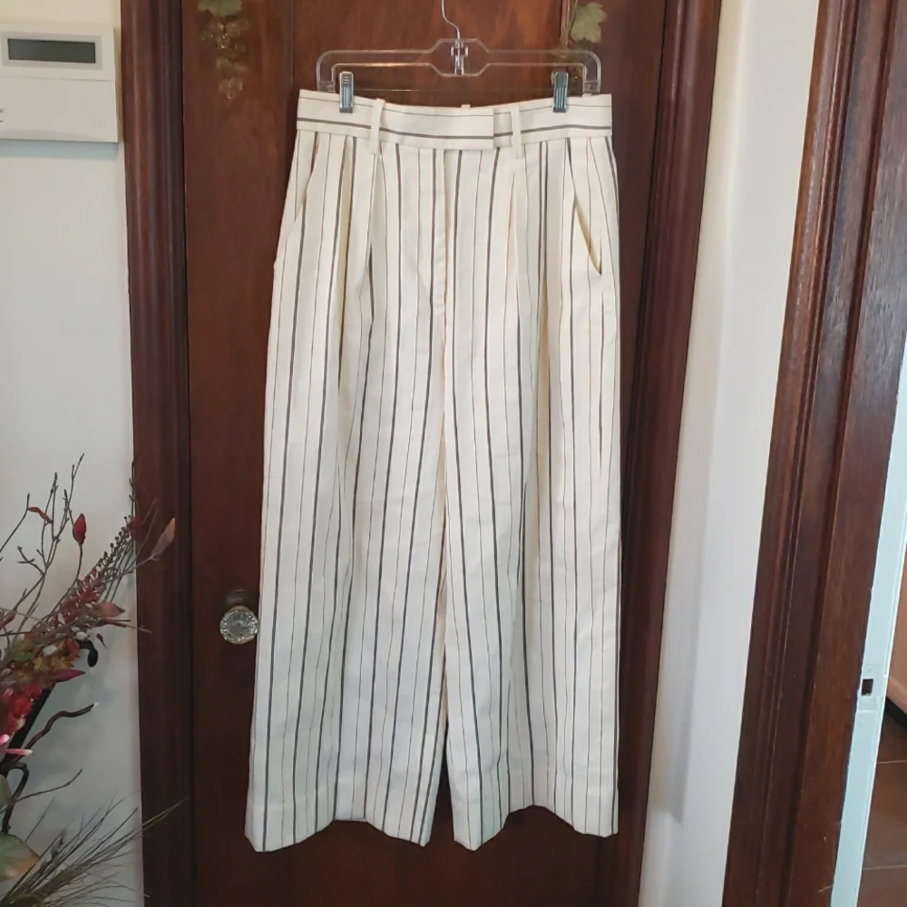 Banana Republic Wide Leg Linen Blend Cream Striped Trousers Size 10p